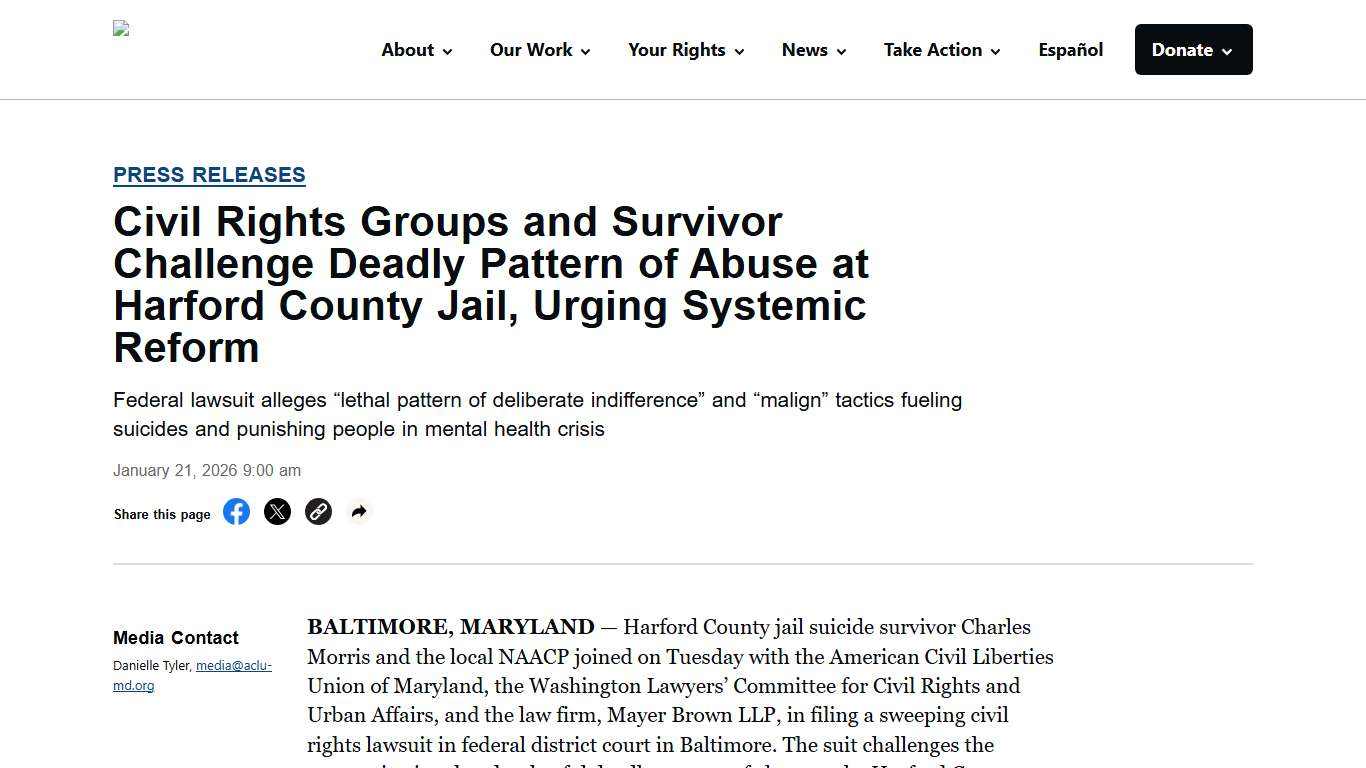 Civil Rights Groups and Survivor Challenge Deadly Pattern of Abuse at Harford County Jail, Urging Systemic Reform - ACLU of Maryland